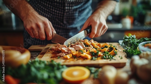 Man's hands slicing chicken and pumpkin on wooden board in kitchen.