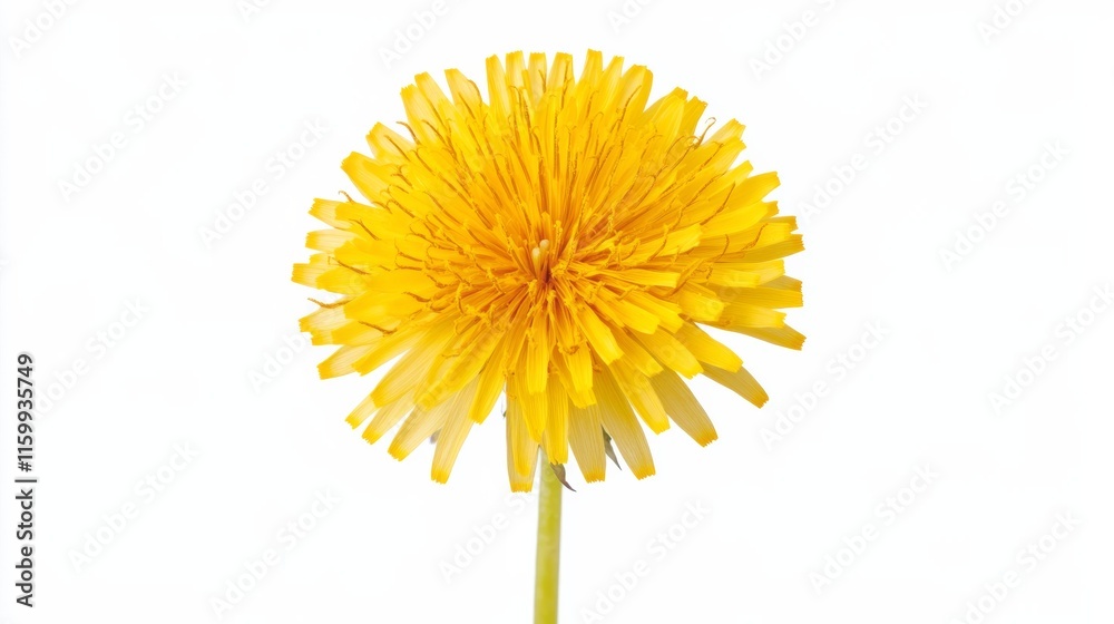 Naklejka premium A detailed shot of a bright yellow dandelion with its fluffy, round bloom and vivid color, isolated white background