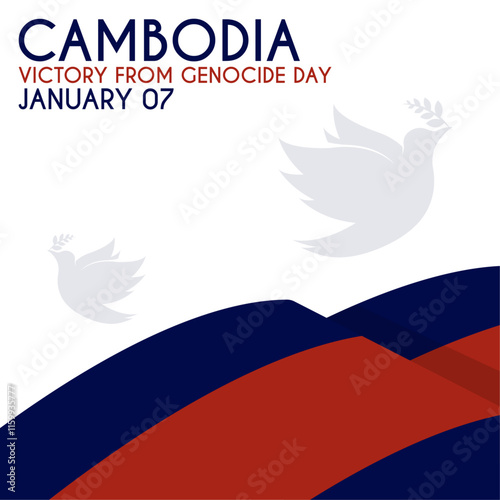 Cambodia victory from genocide day. January 07. Abstract background. White, blue and red. Flying bird silhouette. Poster, banner, card, background. photo