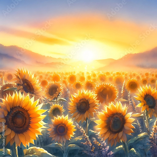 Vibrant Sunflower Field at Sunset