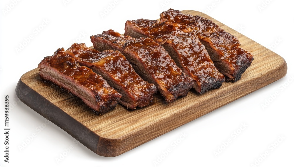 Delicious BBQ pork ribs sliced and arranged on a wooden cutting board, isolated on white background. Delicious BBQ pork ribs sliced and arranged on a wooden cutting board, isolated on white background.