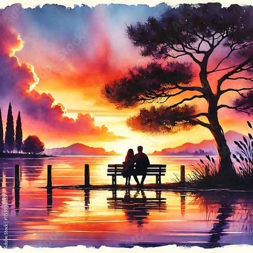 Romantic Sunset by the Lake with Loving Couple