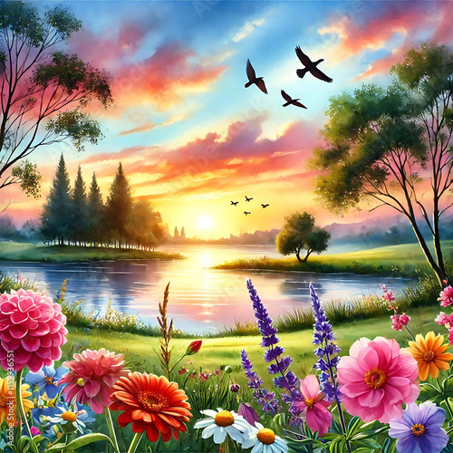 Vibrant Sunset Over Tranquil Lake with Colorful Flowers