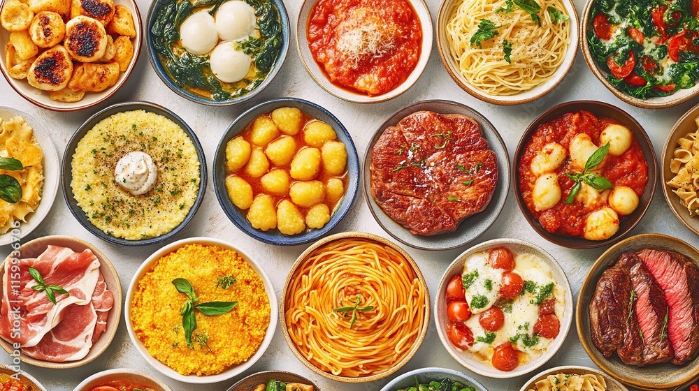 Overhead shot of various Italian dishes in bowls, including pasta, risotto, gnocchi, and meat. Overhead shot of various Italian dishes in bowls, including pasta, risotto, gnocchi, and meat.