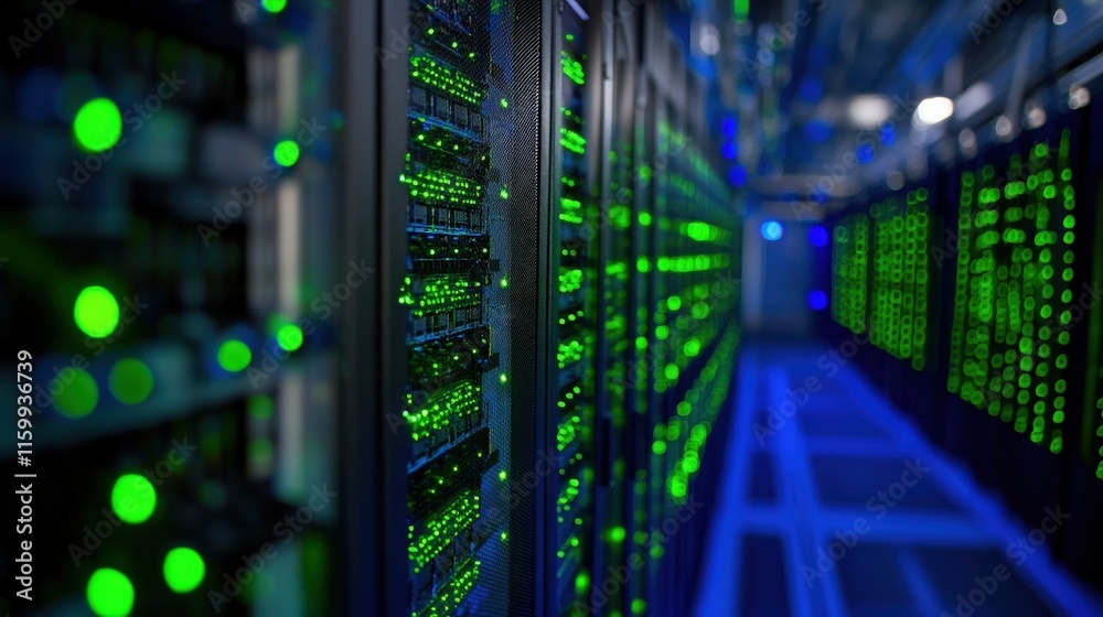 Futuristic Data Center with Rows of Servers and Green LED Lights Illuminating a High-Tech Environment Focused on Digital Technology and Connectivity Futuristic Data Center with Rows of Servers and Green LED Lights Illuminating a High-Tech Environment Focused on Digital Technology and Connectivity