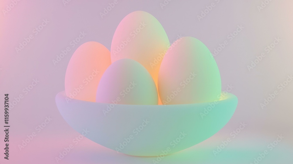Fototapeta premium Colorful Easter eggs arranged in white bowl, soft pastel hues glowing gently, symbolizing celebration and renewal, perfect for holiday decor and festive gatherings, copy space.