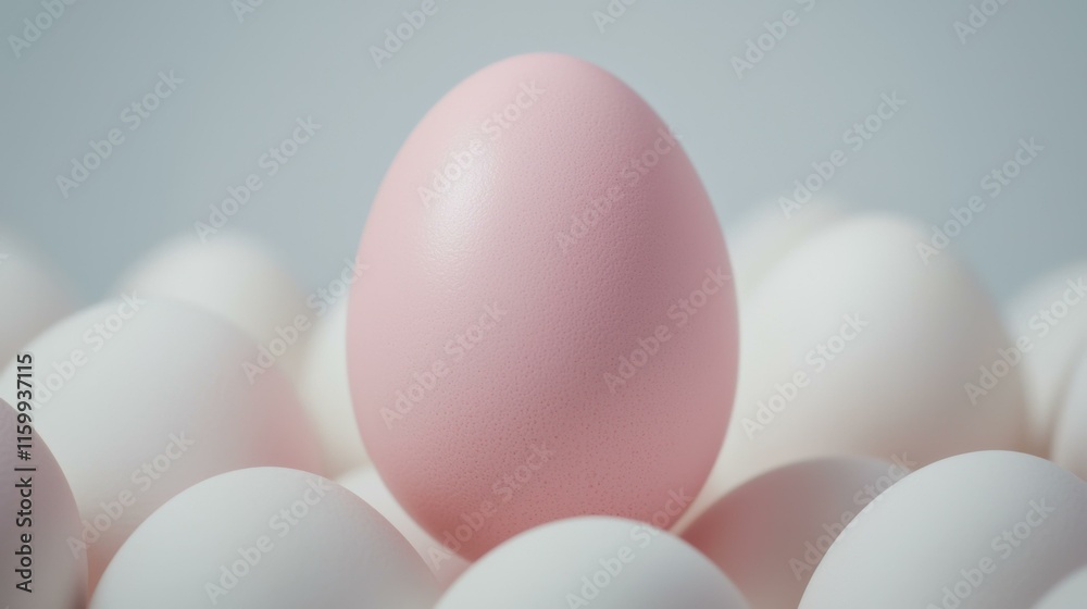 Pink Easter egg stands out among white eggs, symbolizing spring celebration, unique decorative choice for festive season, joyful holiday traditions. Copy space. Pink Easter egg stands out among white eggs, symbolizing spring celebration, unique decorative choice for festive season, joyful holiday traditions. Copy space.