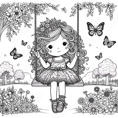 Cute Girl on Swing Surrounded by Nature and Butterflies