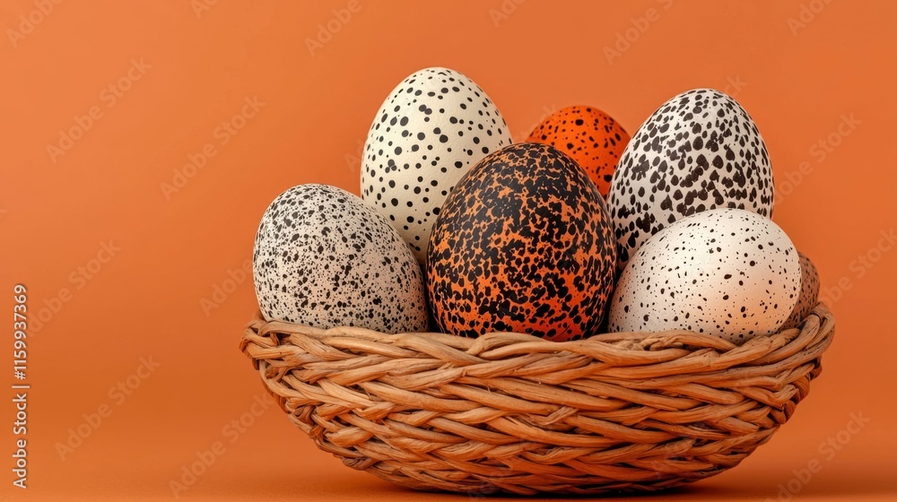 Colorful Easter eggs in woven basket arranged on vibrant orange background, showcasing intricate speckled designs, festive decoration for spring celebration, joyful seasonal display. Colorful Easter eggs in woven basket arranged on vibrant orange background, showcasing intricate speckled designs, festive decoration for spring celebration, joyful seasonal display.