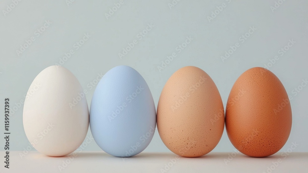 Four beautifully colored Easter eggs in soft pastel shades lined up on table, focusing on delicate textures, symbolizing spring celebration, creativity, and festive traditions. Copy space. Four beautifully colored Easter eggs in soft pastel shades lined up on table, focusing on delicate textures, symbolizing spring celebration, creativity, and festive traditions. Copy space.