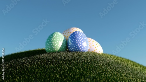 Colorful Easter eggs resting on grassy hilltop with blue sky