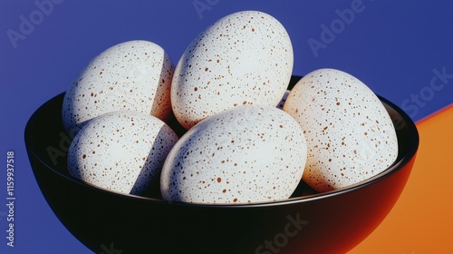 Six beautifully speckled Easter eggs arranged in a stylish black bowl, showcasing unique designs against vibrant blue and orange background, perfect for festive decoration, copy space.