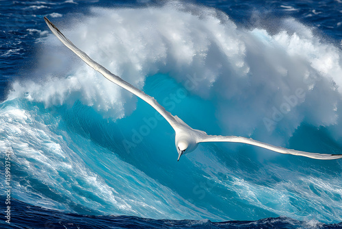 Majestic albatross in flight over a powerful ocean wave, showcasing the bird's grace and the wave's raw energy.  A breathtaking display of nature's power and beauty.