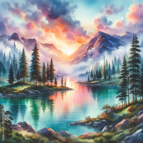 Serene Lake with Majestic Mountains at Sunset