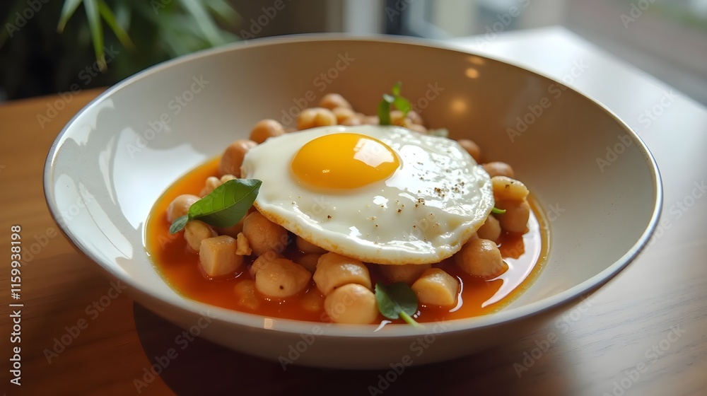 A bowl of food with an egg on top A bowl of food with an egg on top