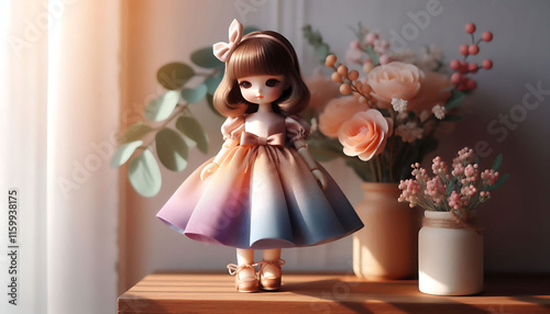 Charming Doll in Colorful Dress with Floral Arrangement