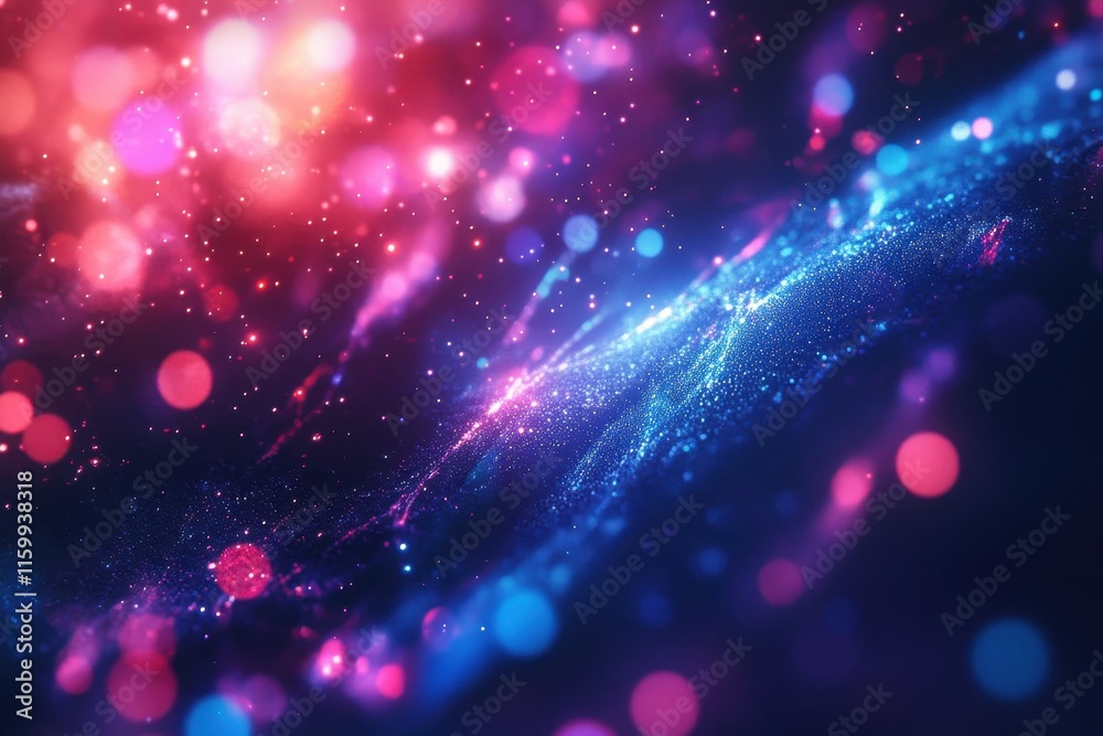 Abstract blue and pink glowing particles background.