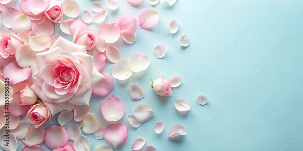 Obraz premium Soft pink rose petals scattered on a pastel pink background with white and light blue accents, nature, serene, nature