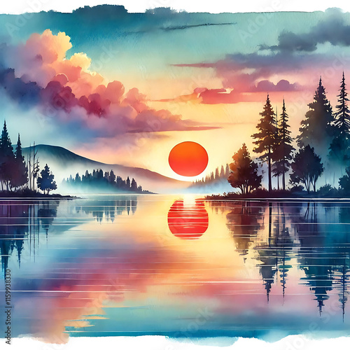 Serene Sunset Over Tranquil Lake Landscape Scene