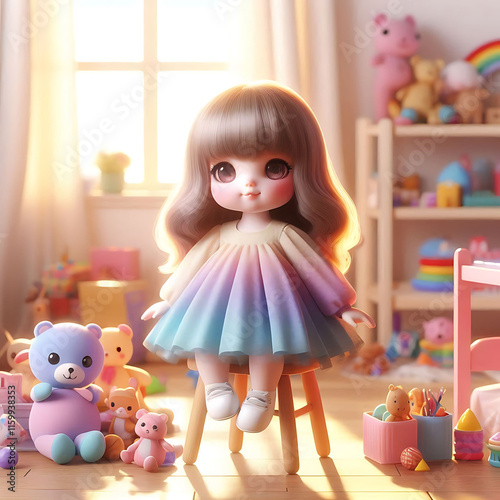 Cute Doll Among Colorful Toys in Cozy Room