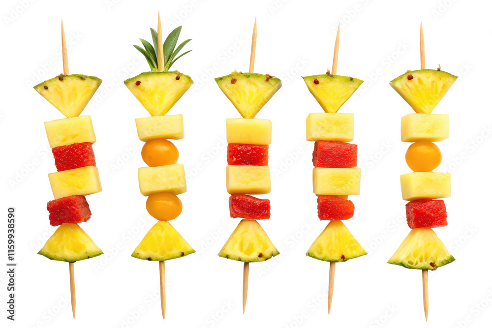 Five fruit skewers with pineapple, watermelon, and orange isolated with transparent background Five fruit skewers with pineapple, watermelon, and orange isolated with transparent background