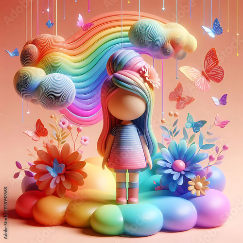 Whimsical Rainbow Girl with Butterflies and Flowers