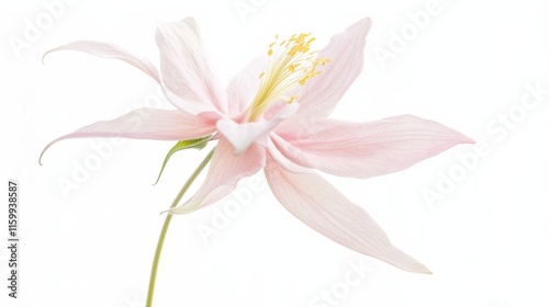 A detailed shot of a pale pink columbine with its spurred petals and intricate flower shape, isolated white background, minimalistic art style photo