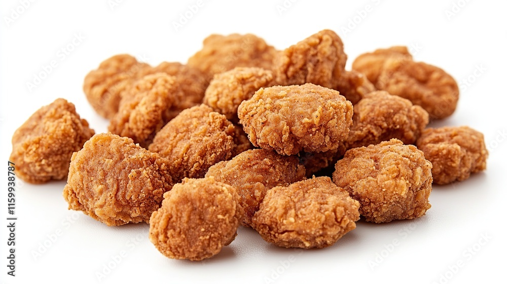 Close-up of a pile of golden-brown, crispy chicken nuggets isolated on a white background. Close-up of a pile of golden-brown, crispy chicken nuggets isolated on a white background.