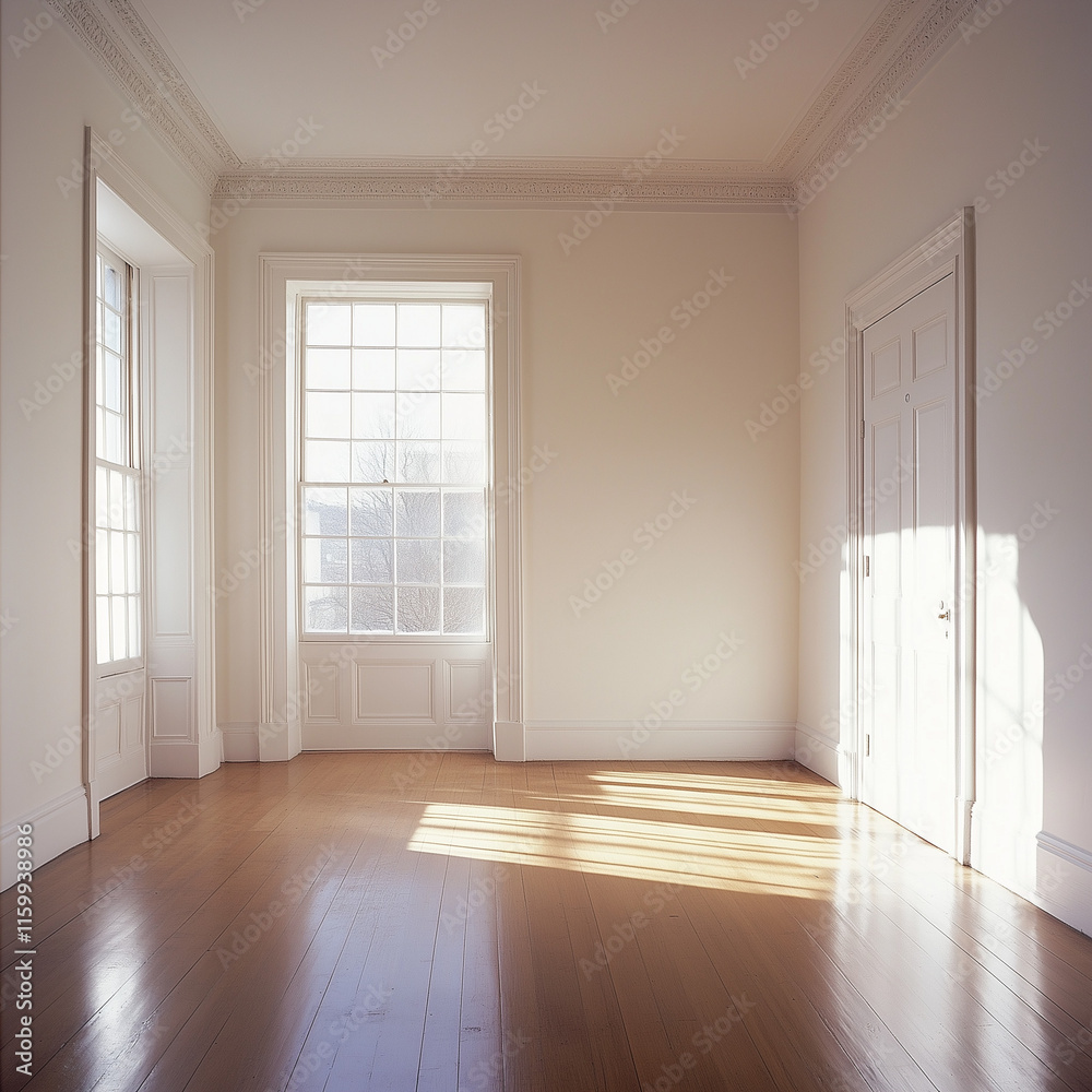 The image shows an empty room with white walls, a white door, and a large window. The room has wood floors and white trim around the door and window. The sunlight streams through the window and door, The image shows an empty room with white walls, a white door, and a large window. The room has wood floors and white trim around the door and window. The sunlight streams through the window and door,