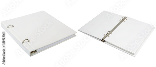 White three-ring binder, open and closed isolated with transparent background