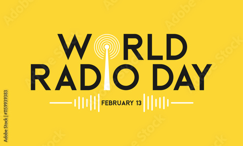 World radio day. 4 February. Tower signal icon. Poster or banner design on yellow background. Flat design vector illustration.