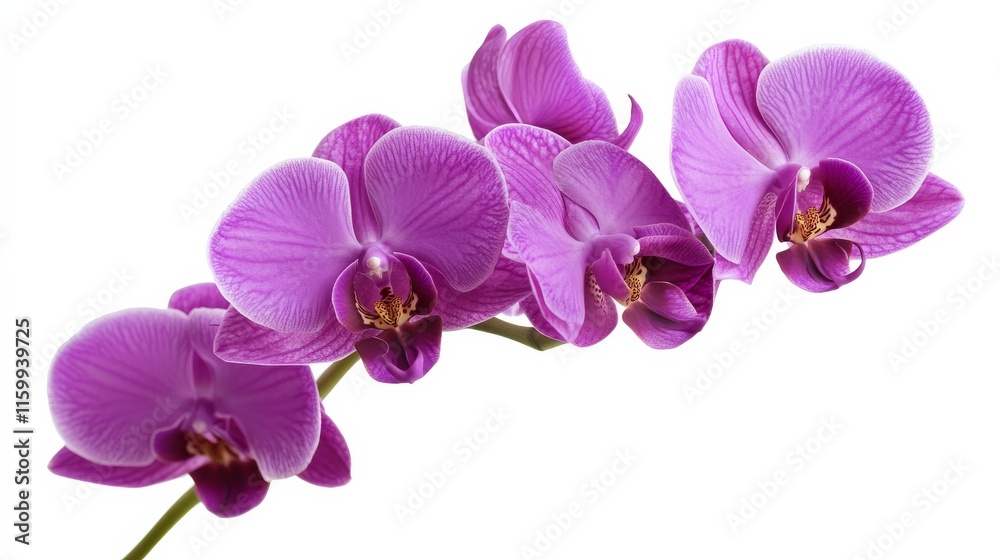 A detailed shot of a rich purple orchid with its velvety petals and deep color, isolated white background, minimalistic art style A detailed shot of a rich purple orchid with its velvety petals and deep color, isolated white background, minimalistic art style