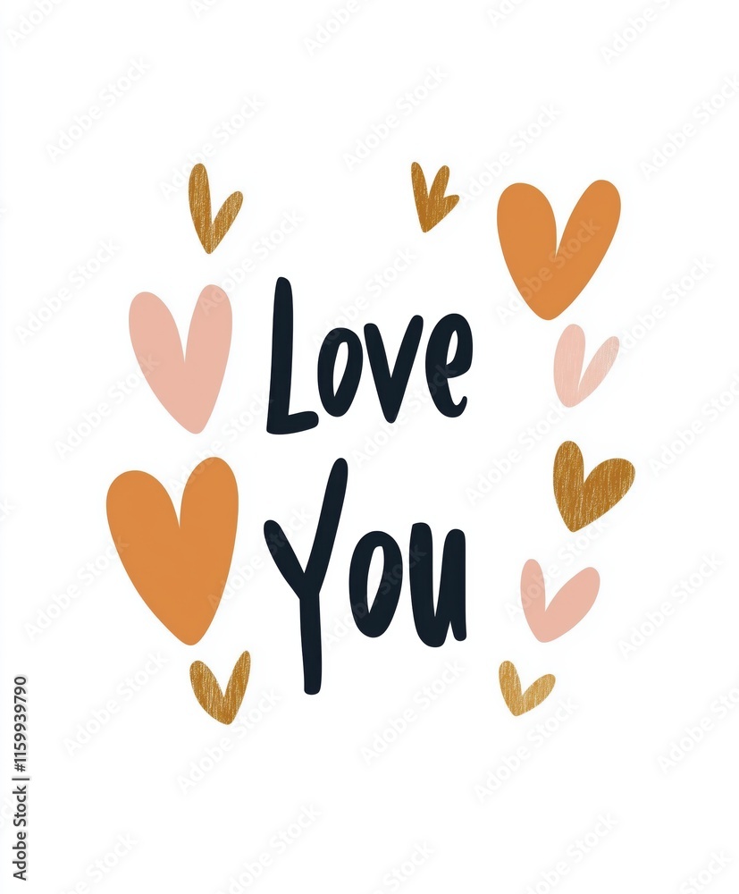 Fototapeta premium Romantic illustration with 'Love You' text surrounded by hearts