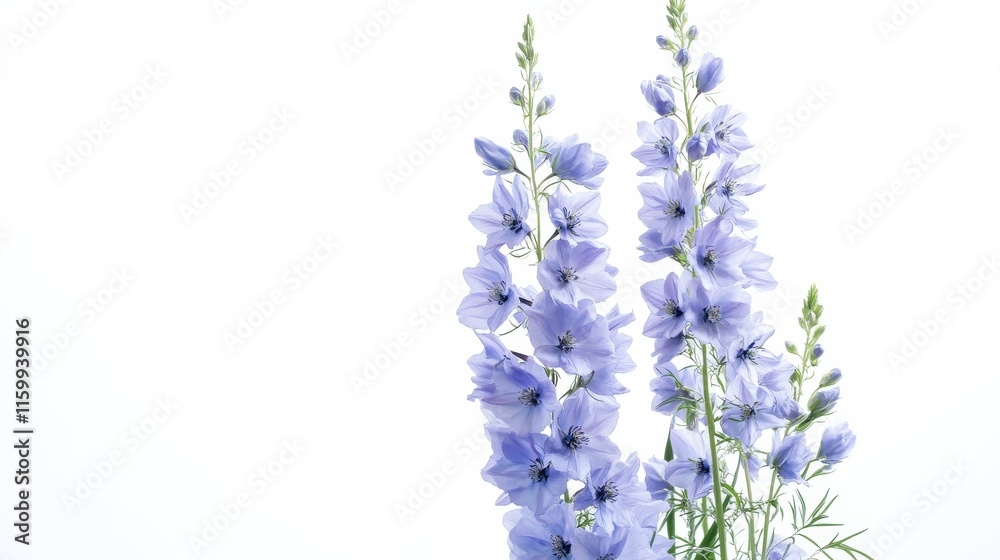 Obraz premium A detailed shot of a soft blue delphinium with its tall, spiky clusters of delicate flowers and gentle color, isolated white background