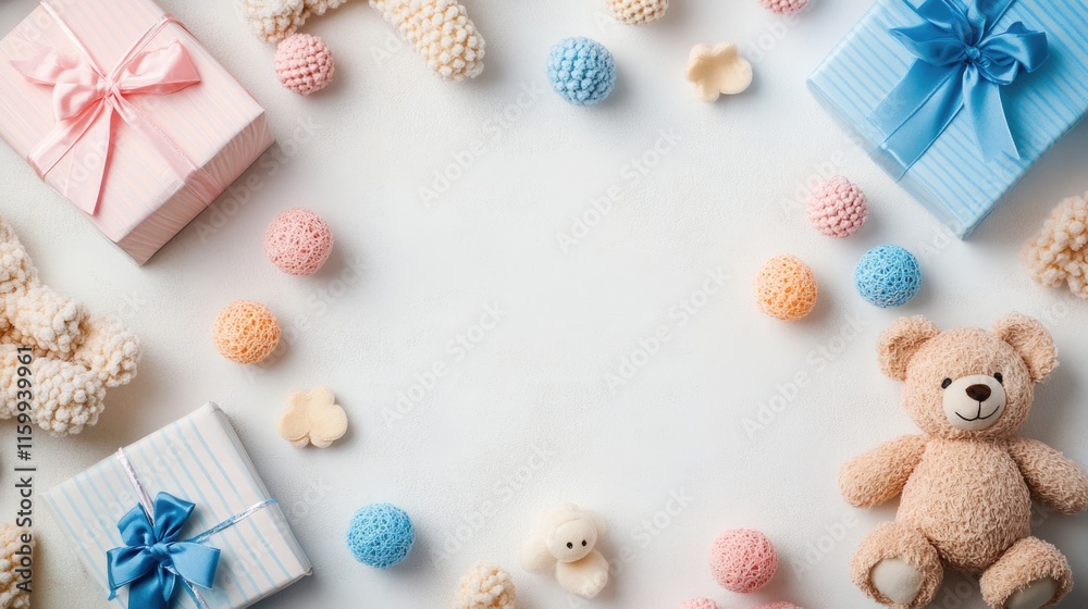 Baby shower design layout featuring children s toys including a teddy bear and framed on a light wall background Baby shower design layout featuring children s toys including a teddy bear and framed on a light wall background
