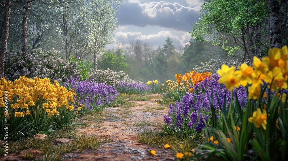 Obraz premium Sunlit path through spring flowers.