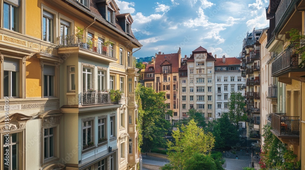 Obraz premium Scenic view of colorful buildings and greenery.