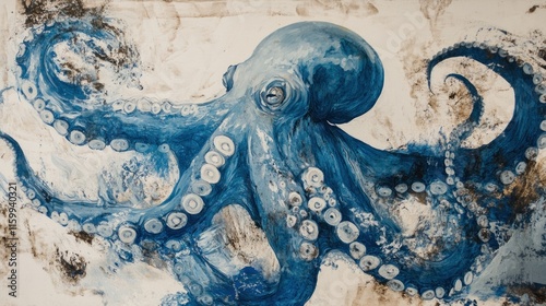 Blue octopus illustration with flowing tentacles. photo