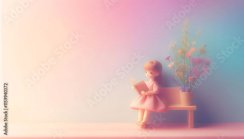Cute Doll Reading on a Bench with Flowers