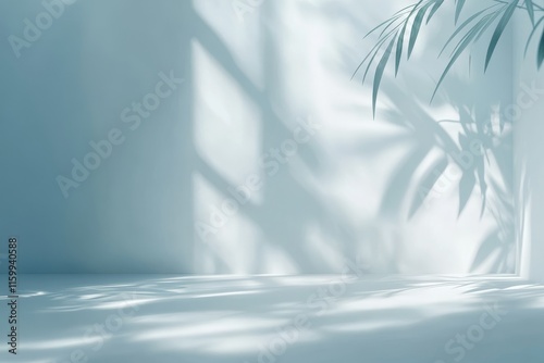 Serene minimalist studio backdrop with soft light, shadows, and tropical plant leaves.
