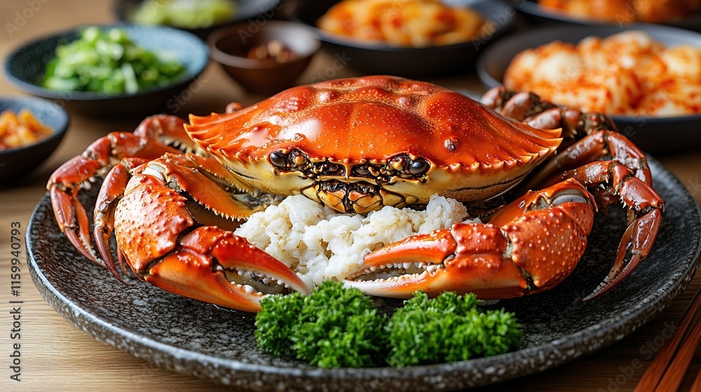 Steamed crab served on a plate with rice and various side dishes. Steamed crab served on a plate with rice and various side dishes.