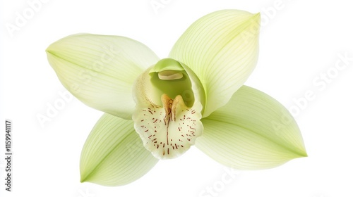 A detailed shot of a soft green cymbidium orchid with its graceful, elongated petals and subtle color, isolated white background