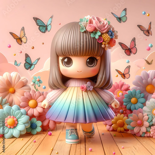 Cute Doll in Flower Garden with Butterflies