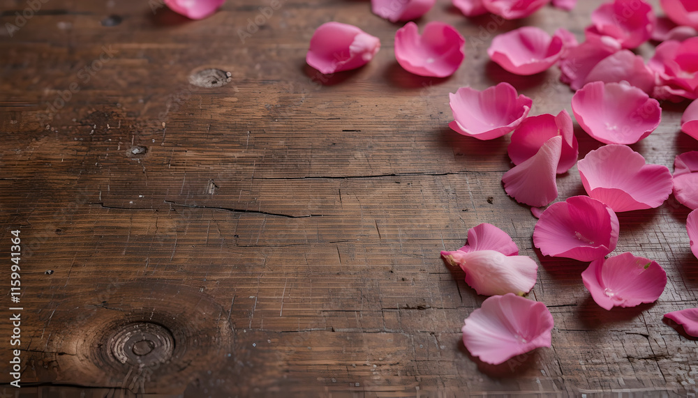 Pink Petals on Rustic Wooden Surface Pink Petals on Rustic Wooden Surface