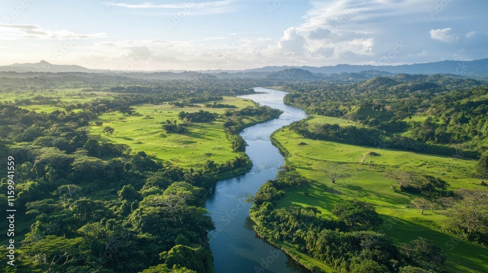 Fototapeta premium Aerial view of a meandering river flowing through lush green landscape.