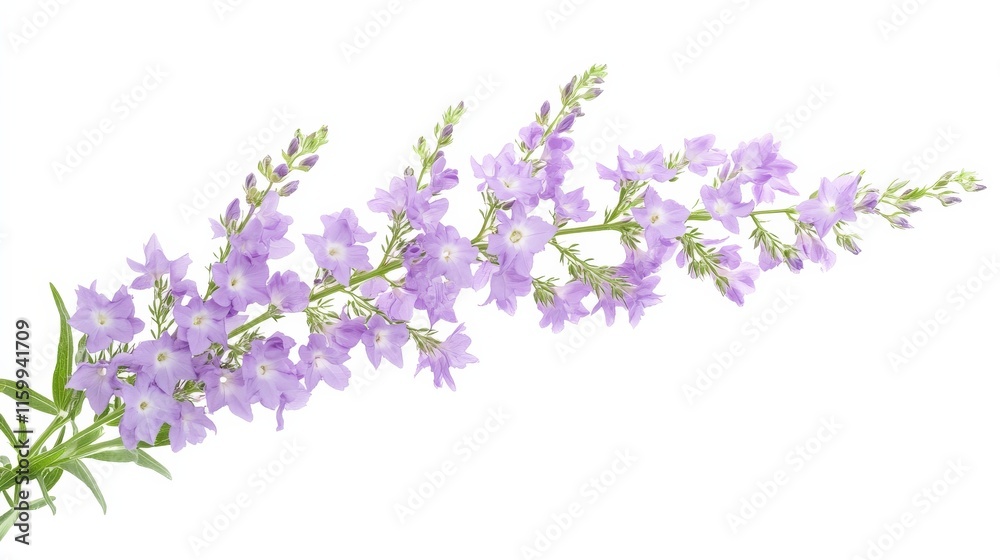 Naklejka premium A detailed shot of a soft lavender larkspur with its tall, spiky clusters of delicate flowers and gentle color, isolated white background