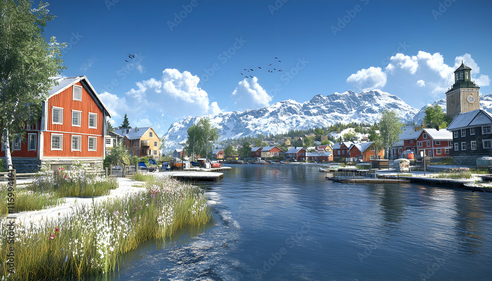 Obraz premium Scenic Nordic village nestled beside a tranquil river, snow-capped mountains provide a breathtaking backdrop. Charming red houses, a clock tower, and a peaceful atmosphere.