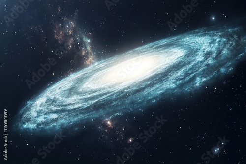 Spiral galaxy with bright core and swirling arms in dark space. (1) photo