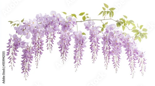 A detailed shot of a soft lavender wisteria with its cascading clusters of tiny flowers and gentle color, isolated white background, minimalistic art style