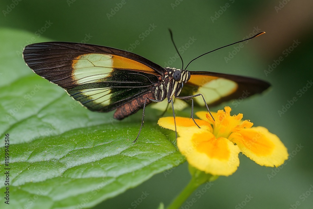 Close-up of a black, orange, and white butterfly on a yellow flower. Close-up of a black, orange, and white butterfly on a yellow flower.